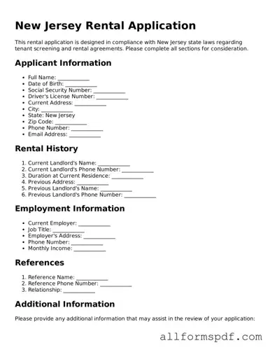 Fillable  Rental Application Form for New Jersey