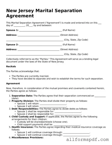 Fillable  Marital Separation Agreement Form for New Jersey