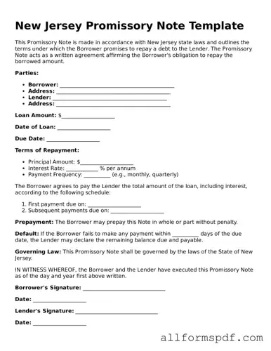 Fillable  Promissory Note Form for New Jersey