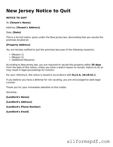 Fillable  Notice to Quit Form for New Jersey