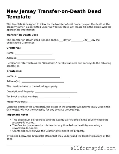 Fillable  Transfer-on-Death Deed Form for New Jersey
