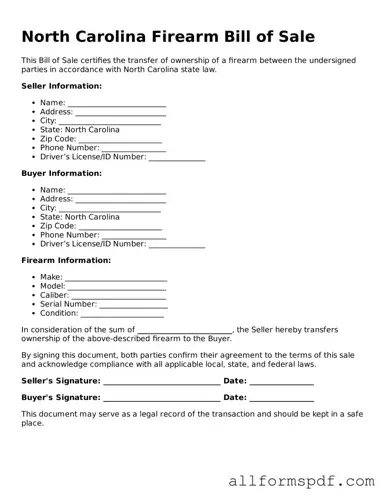 Fillable  Firearm Bill of Sale Form for North Carolina