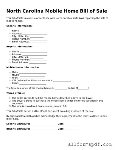 Fillable  Mobile Home Bill of Sale Form for North Carolina