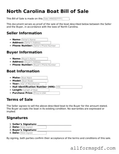 Fillable  Boat Bill of Sale Form for North Carolina