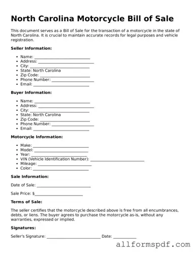 Fillable  Motorcycle Bill of Sale Form for North Carolina