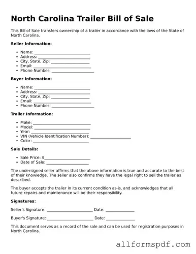 Fillable  Trailer Bill of Sale Form for North Carolina