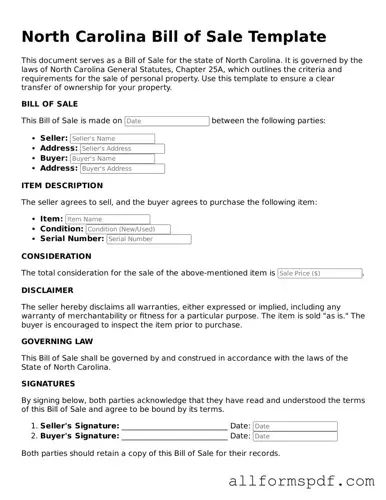 Fillable  Bill of Sale Form for North Carolina