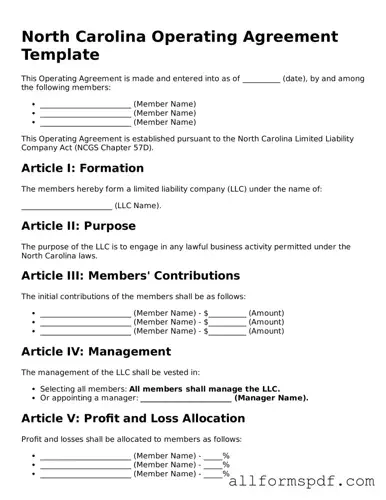 Fillable  Operating Agreement Form for North Carolina