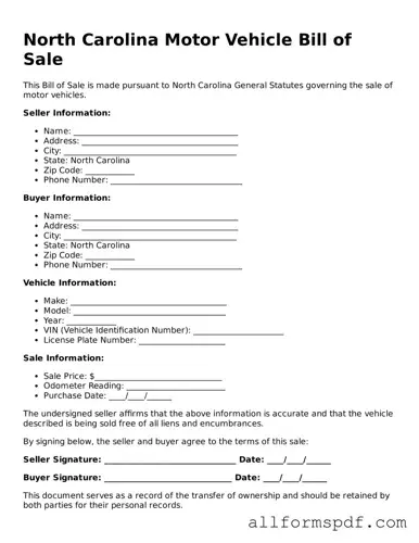 Fillable  Motor Vehicle Bill of Sale Form for North Carolina