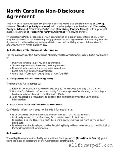 Fillable  Non-disclosure Agreement Form for North Carolina