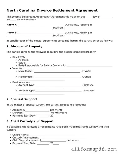 Fillable  Divorce Settlement Agreement Form for North Carolina