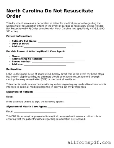 Fillable  Do Not Resuscitate Order Form for North Carolina
