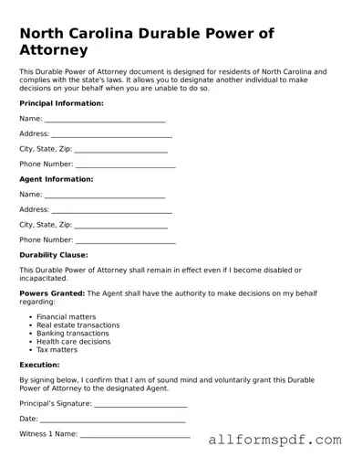 Fillable  Durable Power of Attorney Form for North Carolina