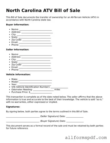 Fillable  ATV Bill of Sale Form for North Carolina