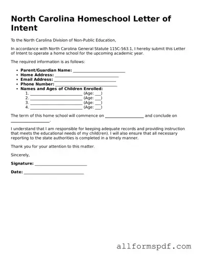 Fillable  Homeschool Letter of Intent Form for North Carolina