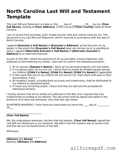 Fillable  Last Will and Testament Form for North Carolina