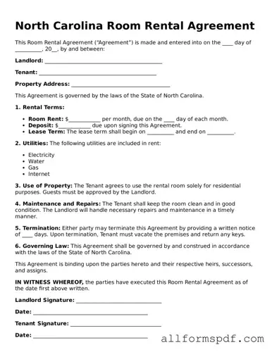 Fillable  Room Rental Agreement Form for North Carolina