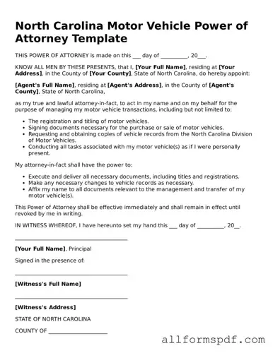 Fillable  Motor Vehicle Power of Attorney Form for North Carolina