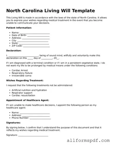 Fillable  Living Will Form for North Carolina