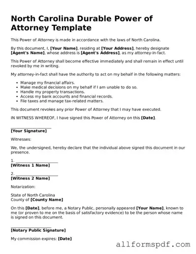Fillable  Power of Attorney Form for North Carolina