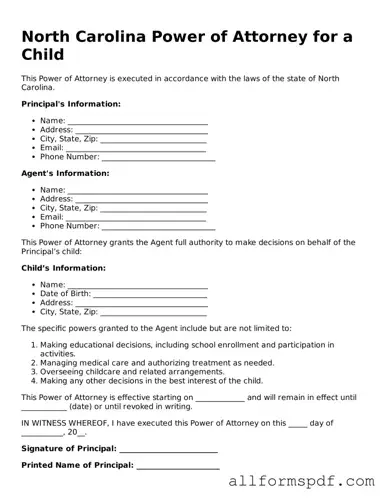 Fillable  Power of Attorney for a Child Form for North Carolina