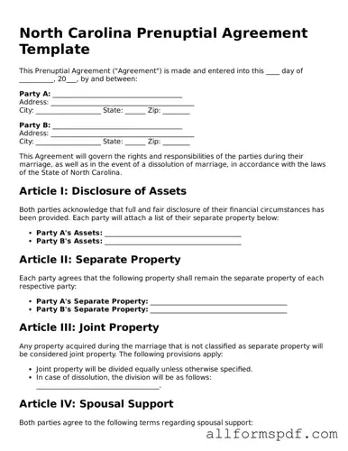 Fillable  Prenuptial Agreement Form for North Carolina