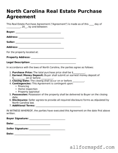Fillable  Real Estate Purchase Agreement Form for North Carolina