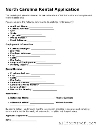 Fillable  Rental Application Form for North Carolina