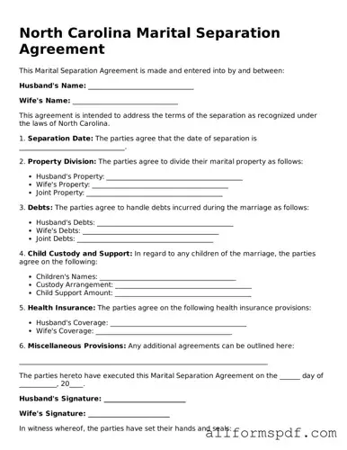 Fillable  Marital Separation Agreement Form for North Carolina