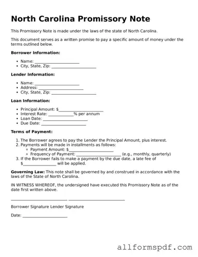 Fillable  Promissory Note Form for North Carolina