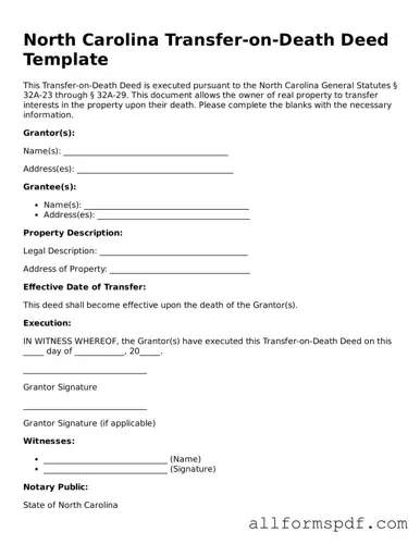 Fillable  Transfer-on-Death Deed Form for North Carolina