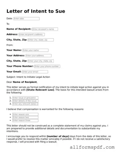 Printable Letter of Intent to Sue Form