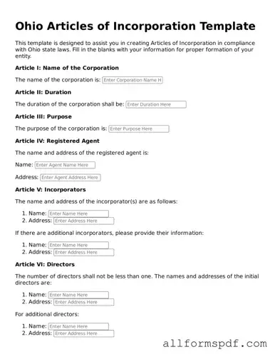 Fillable  Articles of Incorporation Form for Ohio