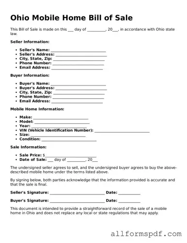 Fillable  Mobile Home Bill of Sale Form for Ohio