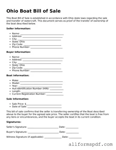 Fillable  Boat Bill of Sale Form for Ohio