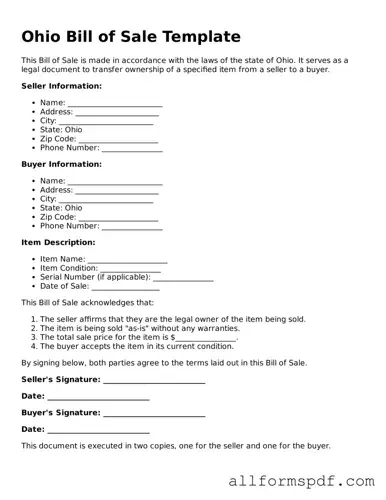 Fillable  Bill of Sale Form for Ohio