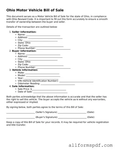 Fillable  Motor Vehicle Bill of Sale Form for Ohio