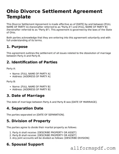 Fillable  Divorce Settlement Agreement Form for Ohio