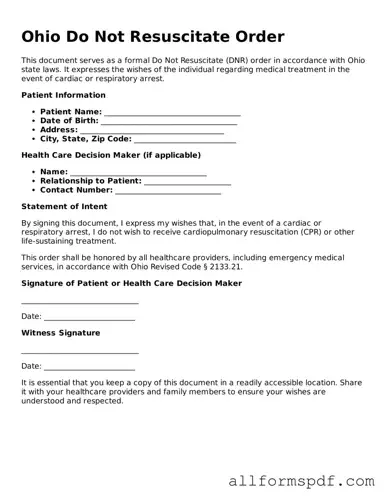 Fillable  Do Not Resuscitate Order Form for Ohio