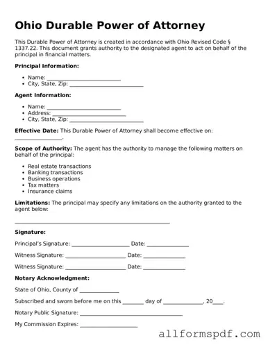Fillable  Durable Power of Attorney Form for Ohio