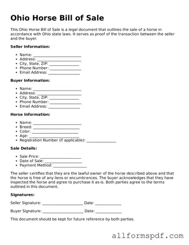 Fillable  Horse Bill of Sale Form for Ohio