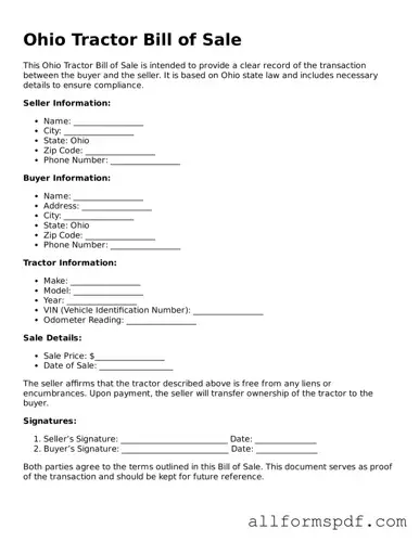 Fillable  Tractor Bill of Sale Form for Ohio