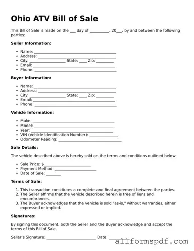 Fillable  ATV Bill of Sale Form for Ohio