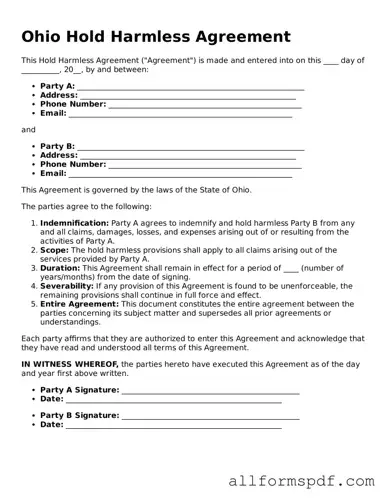 Fillable  Hold Harmless Agreement Form for Ohio