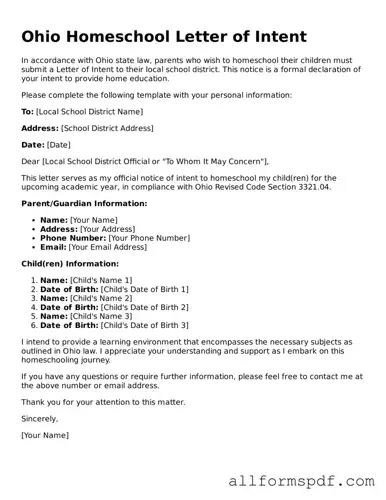 Fillable  Homeschool Letter of Intent Form for Ohio