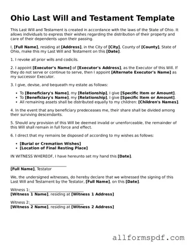 Fillable  Last Will and Testament Form for Ohio