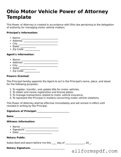 Fillable  Motor Vehicle Power of Attorney Form for Ohio