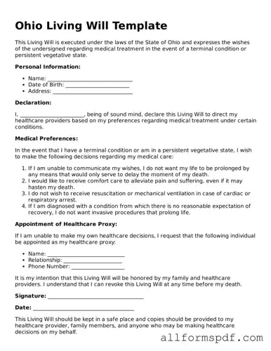 Fillable  Living Will Form for Ohio