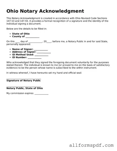 Fillable  Notary Acknowledgement Form for Ohio