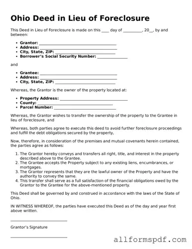 Fillable  Deed in Lieu of Foreclosure Form for Ohio